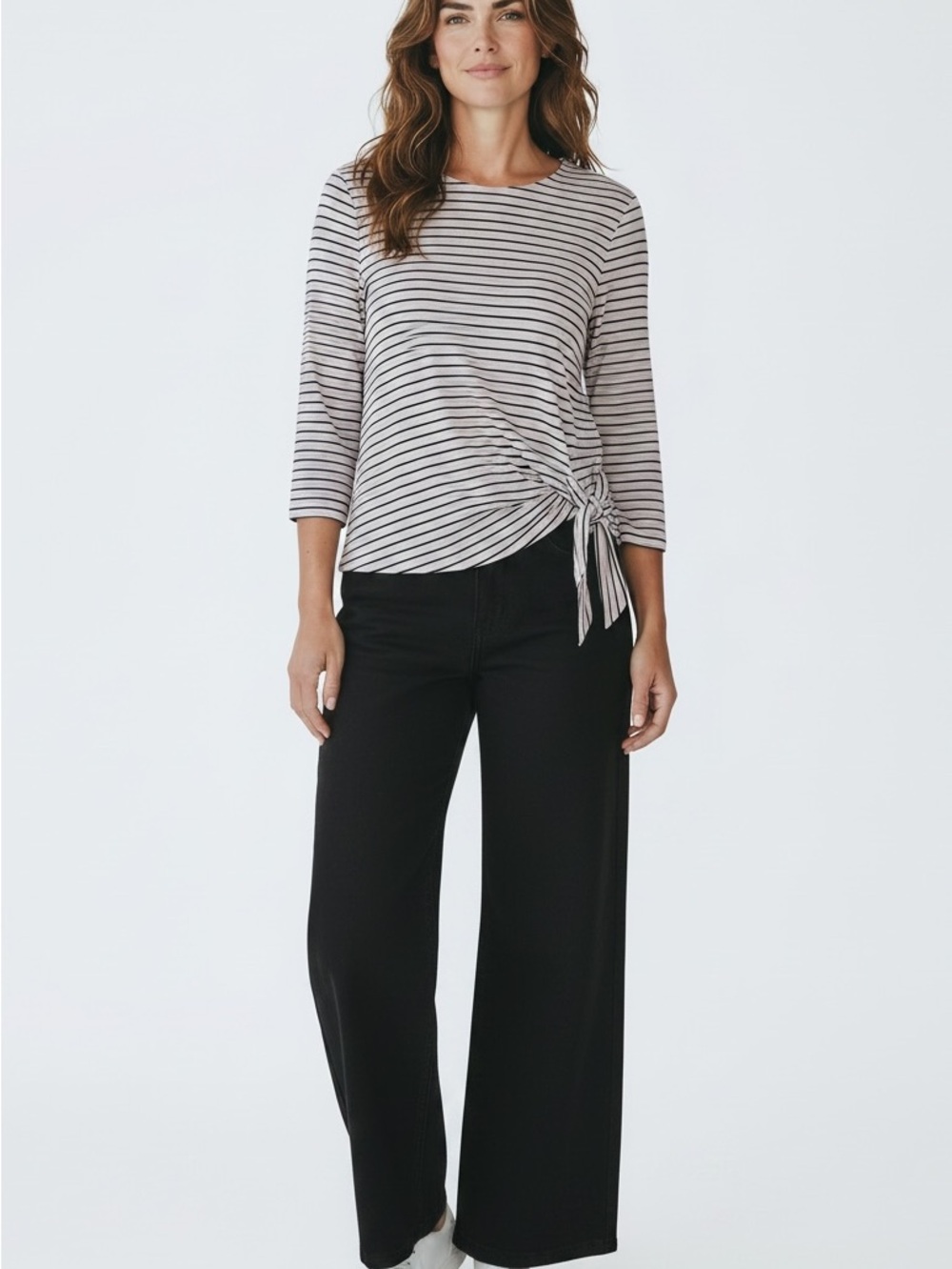 Chico's Black and Cream Striped Tie-Front Top